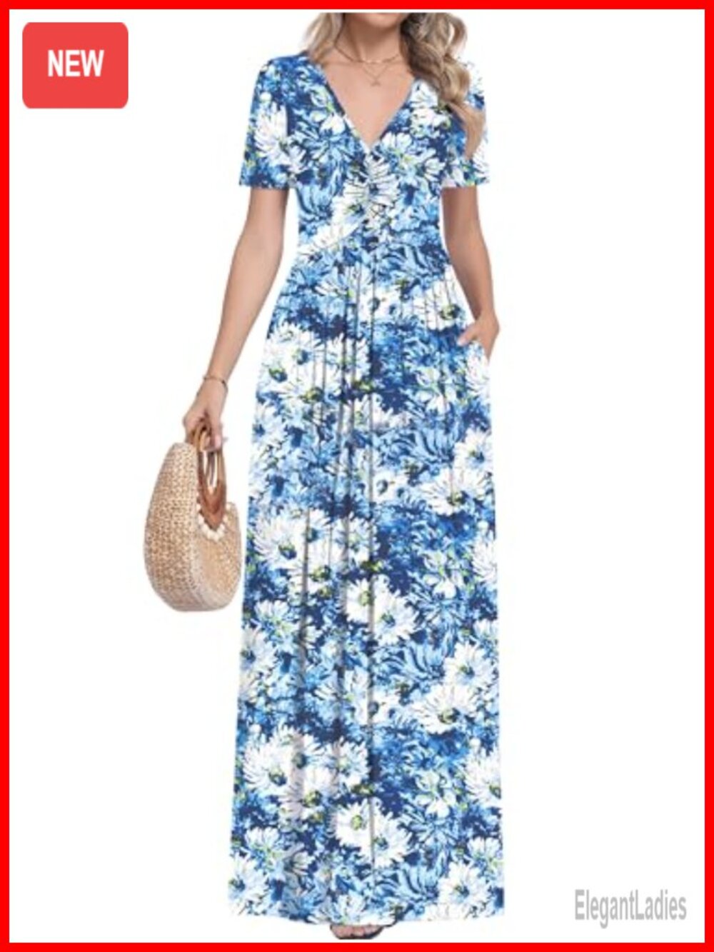 Womens Maxi Dress Rayon Spandex V-Neck Short Sleeve Casual Summer